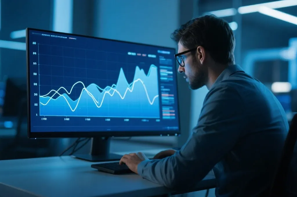 A focused person analyzing a complex line graph on a large computer monitor, modern tech environment