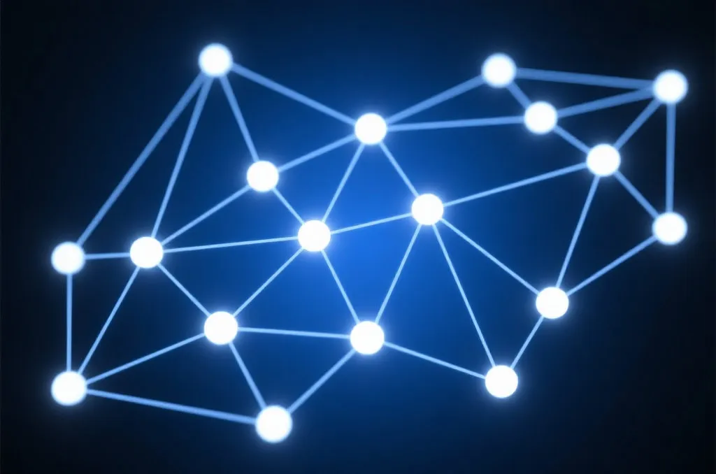 发光的数字网络节点，代表着数据分析与人工智慧的结合